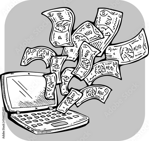Money cash flying into and out of wallet. Income transfer, currency revenue, inflation and deflation, finance and business theme. Hand drawing illustration. Cartoon style line drawing.