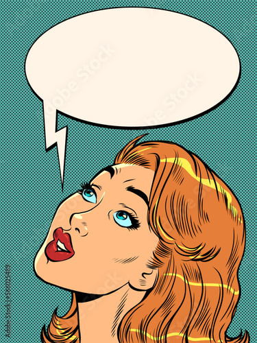 Pop art beautiful woman looks up with surprise. Large face. lady girl