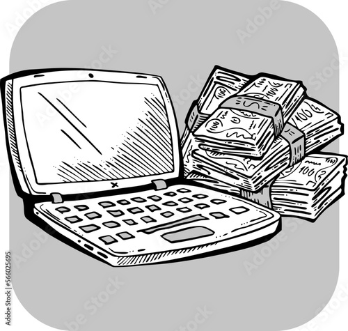Money cash flying into and out of wallet. Income transfer, currency revenue, inflation and deflation, finance and business theme. Hand drawing illustration. Cartoon style line drawing.
