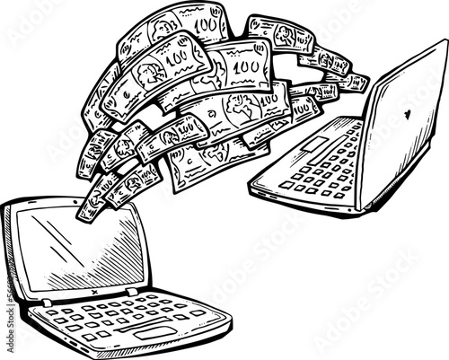 Money cash flying into and out of wallet. Income transfer, currency revenue, inflation and deflation, finance and business theme. Hand drawing illustration. Cartoon style line drawing.