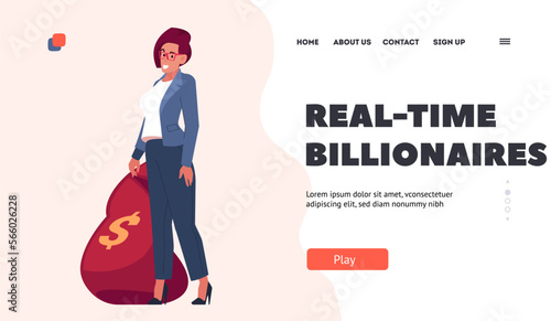 Real-time Billionaires Landing Page Template. Wealthy Young Woman with Money Bag. Businesswoman Receiving Income