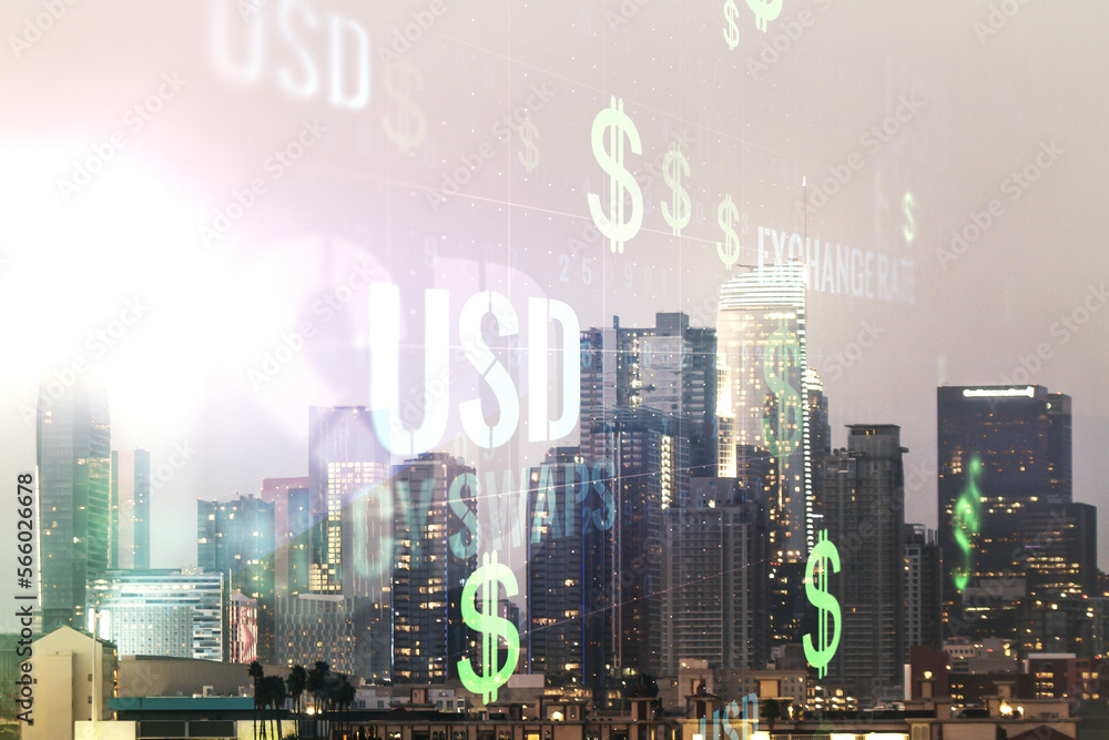 Virtual USD symbols illustration on Los Angeles skyline background. Trading and currency concept. Multiexposure