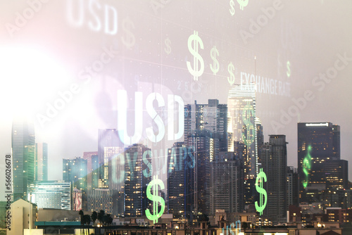 Virtual USD symbols illustration on Los Angeles skyline background. Trading and currency concept. Multiexposure