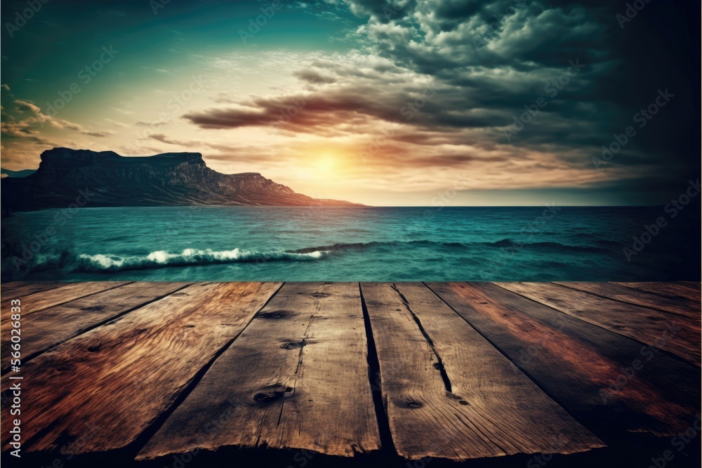 Wooden table background with landscape of sea. Generative AI