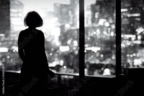 Girl lost in city. Cityscape background. View from behind. Alone woman. AI generative