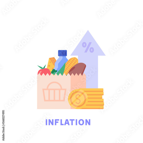 Consumer with shopping cart and grocery prices rising. Increase inflation. Concept of inflation, rising food cost, financial crisis. Vector illustration in flat cartoon design.