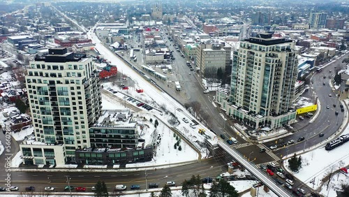 Aerial view of Guelph, Ontario, Canada on a winter day 4K