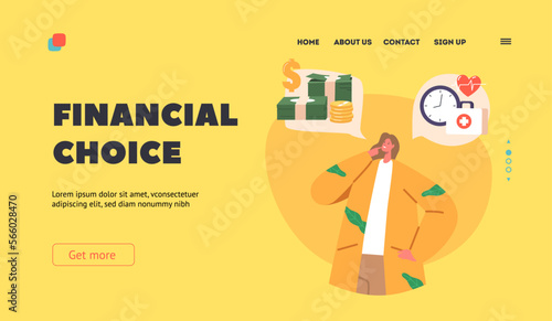 Financial Choice Landing Page Template. Young Thoughtful Woman Character Choose between Saving Money