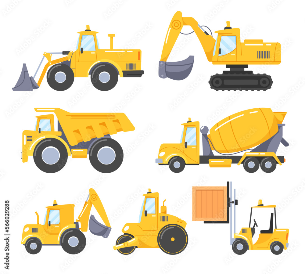 Set of Construction Cars, Equipment for Building. Bulldozer, Excavator, Dump Truck, Concrete Mixer, Roller and Forklift