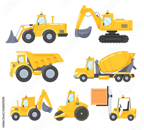 Set of Construction Cars, Equipment for Building. Bulldozer, Excavator, Dump Truck, Concrete Mixer, Roller and Forklift