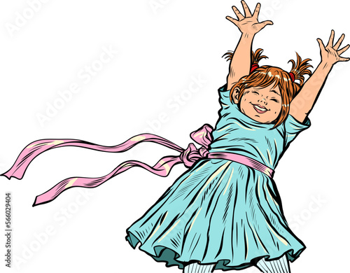 Smiling little girl raised her hands up. Happy childhood. Pop art retro