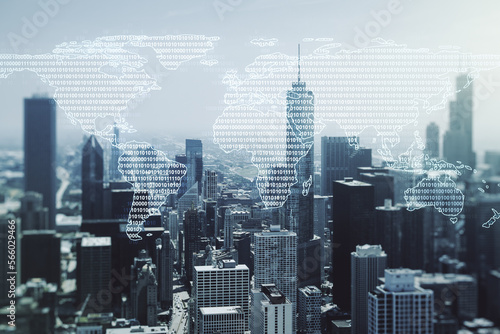 Double exposure of abstract digital world map on Chicago city skyscrapers background, research and strategy concept