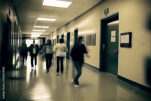 blurred motion people walking on a high school hallway, generative AI