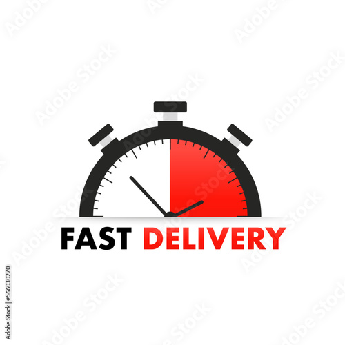 Fast delivery. Timer and fast delivery inscription on a light background. Fast delivery, express delivery, services, stopwatch sign. Express delivery service logo. Fast delivery. Vector illustration