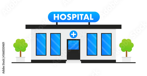 Medical center front view. Hospital building. Modern hospital building, healthcare system and medical facility with all departments. City construction. Hospital. Medical centre. Vector illustration