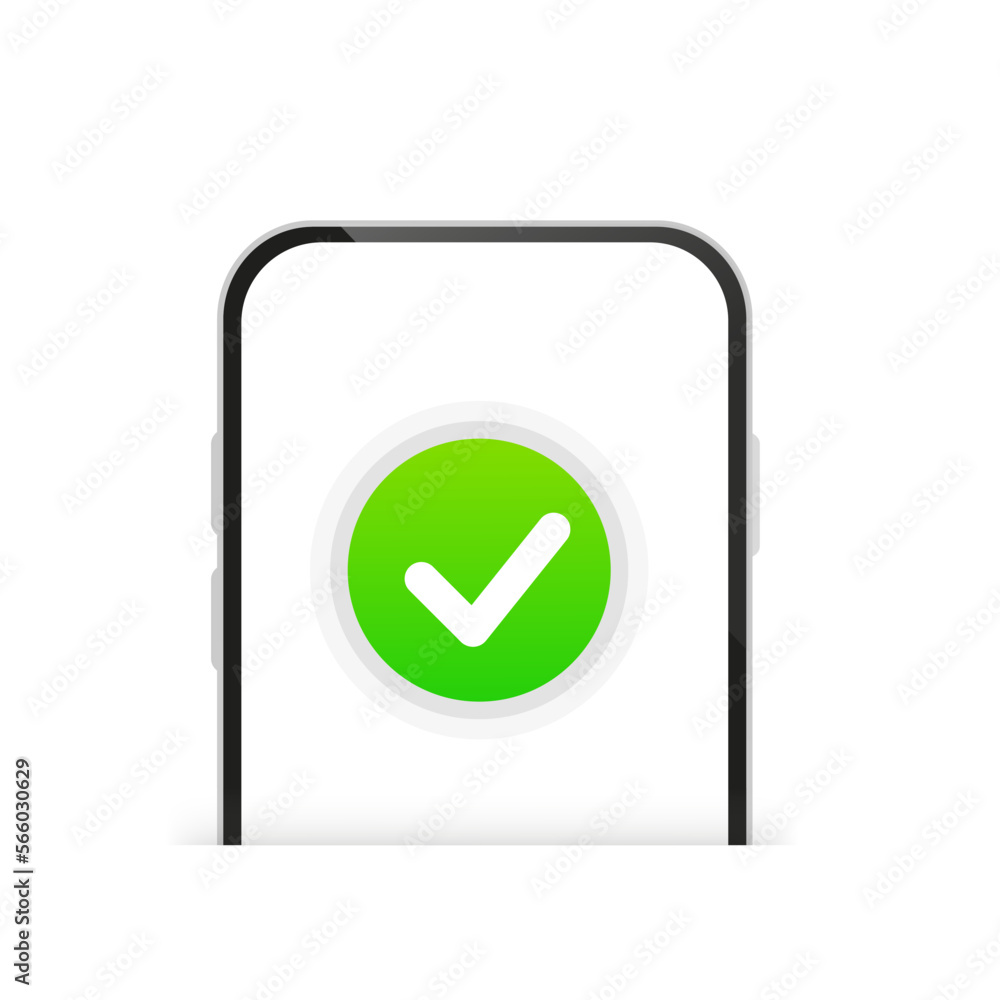 Smartphone with checkmark. Flat cartoon style of mobile phone with green tick isolated on white, concept of cellphone survey done, accept icon, vote checkbox, yes button. Vector illustration Smartphone with checkmark. Flat cartoon style of mobile phone with green tick isolated on white, concept of cellphone survey done, accept icon, vote checkbox, yes button. Vector illustration