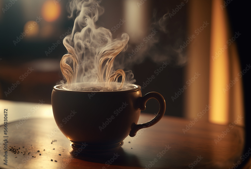 a steaming hot cup of coffee on a desk at a modern coffeshop. generative ai. a steaming hot cup of coffee on a desk at a modern coffeshop. generative ai.