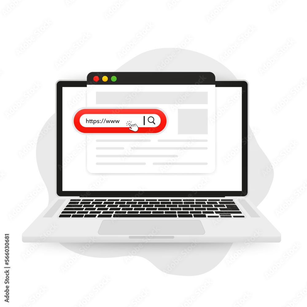 Search on a laptop. Searching on internet. Internet search bar. Information search system. Address and navigation bar icon. business concept search www http pictogram. Vector illustration Search on a laptop. Searching on internet. Internet search bar. Information search system. Address and navigation bar icon. business concept search www http pictogram. Vector illustration