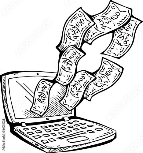 Money cash flying into and out of wallet. Income transfer, currency revenue, inflation and deflation, finance and business theme. Hand drawing illustration. Cartoon style line drawing.