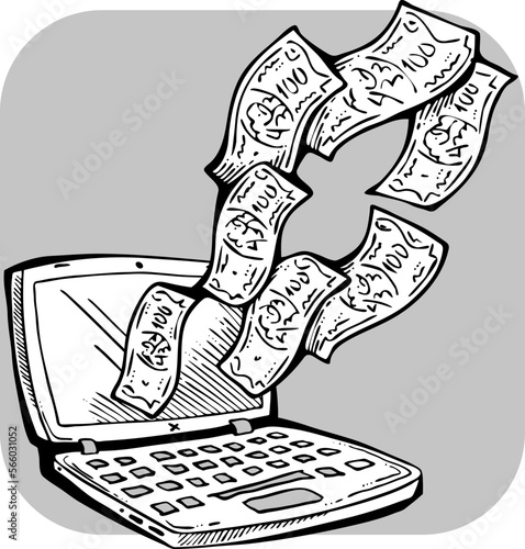 Money cash flying into and out of wallet. Income transfer, currency revenue, inflation and deflation, finance and business theme. Hand drawing illustration. Cartoon style line drawing.