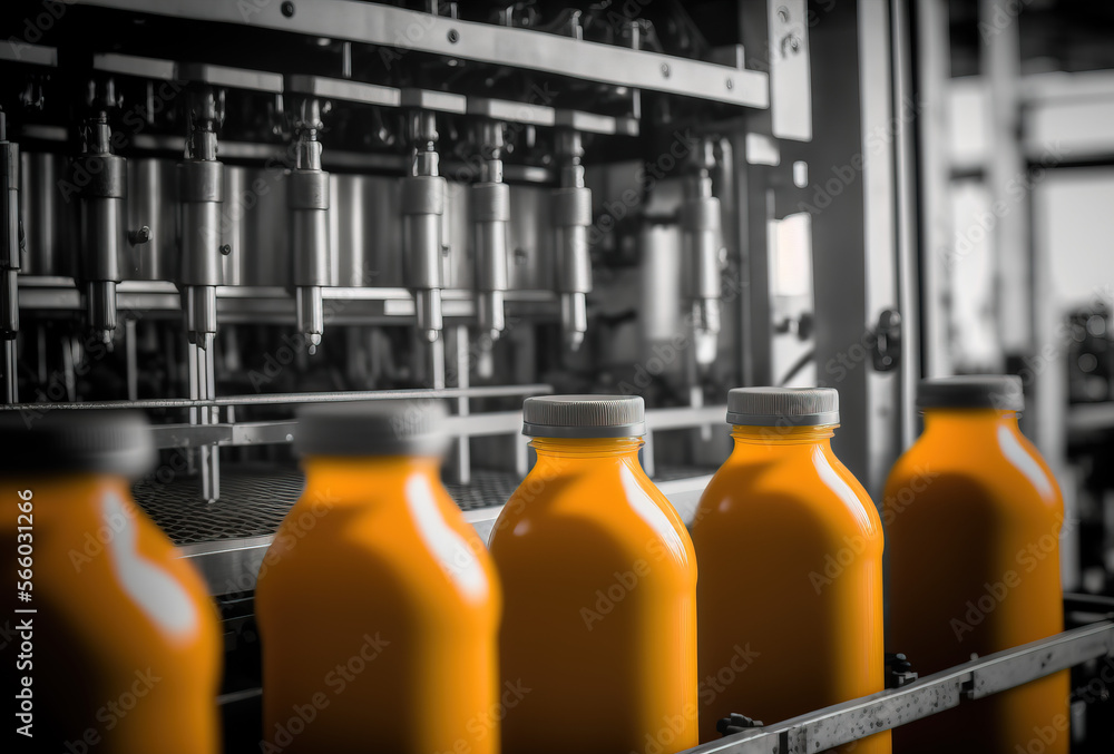 Bottling factory. Orange juice bottling line. Processing and bottling juice into bottles. generative ai. 