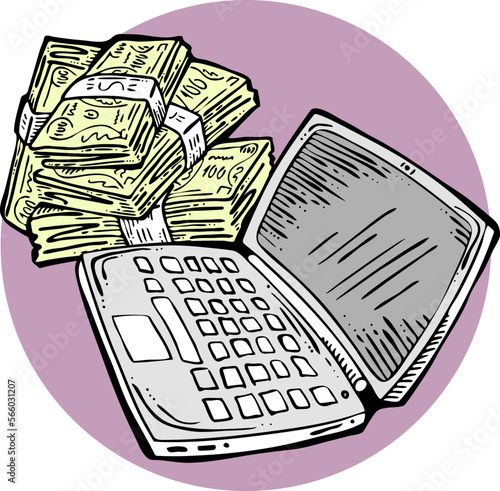 Money cash flying into and out of wallet. Income transfer, currency revenue, inflation and deflation, finance and business theme. Hand drawing illustration. Cartoon style line drawing.