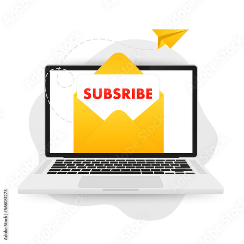 Email notification concept. New e-mail address on the laptop screen. Subscribe email newsletter vector web page template, social media marketing banner, laptop screen. Vector illustration