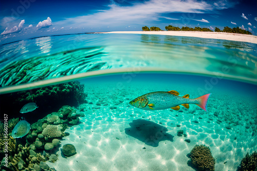 Paradise Maldives Beach with Blue Sky and Swimming Fish © Victor