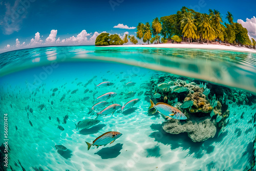 Paradise Maldives Beach with Blue Sky and Swimming Fish
