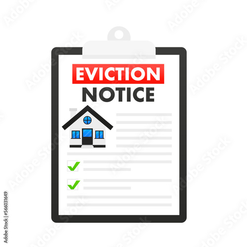Eviction notice legal document on the clipboard with stamp, paper sheets and flat style design. Notice to vacate form eviction credit debt real estate business concept. Vector illustration