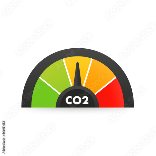 Reduce CO2 level concept. Carbon dioxide emissions control, CO2 level to the min position. Ecology design on white background. Vector illustration