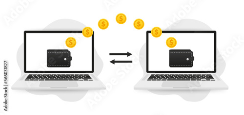 Transfer money between laptop devices. Concept of online payments. Transaction concept. Transferred gold coins. Money online, money transfer, digital wallet, payment app concepts. Vector illustration