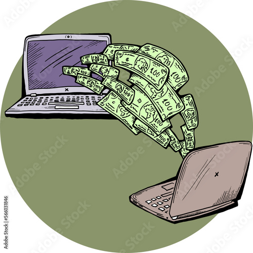 Money cash flying into and out of wallet. Income transfer, currency revenue, inflation and deflation, finance and business theme. Hand drawing illustration. Cartoon style line drawing.