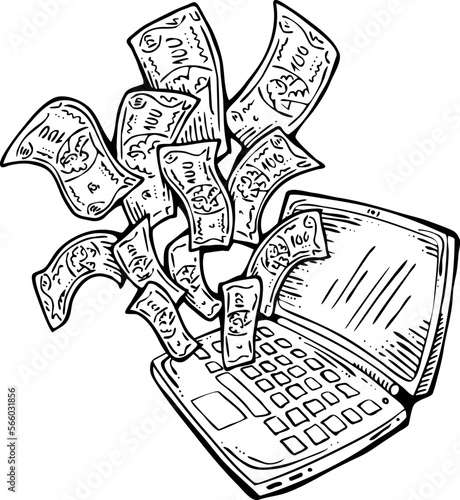 Money cash flying into and out of wallet. Income transfer, currency revenue, inflation and deflation, finance and business theme. Hand drawing illustration. Cartoon style line drawing.