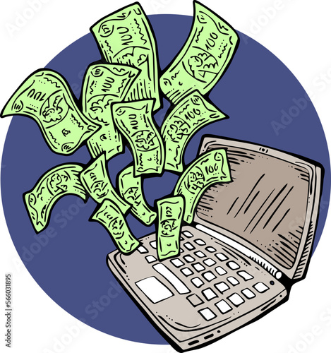 Money cash flying into and out of wallet. Income transfer, currency revenue, inflation and deflation, finance and business theme. Hand drawing illustration. Cartoon style line drawing.