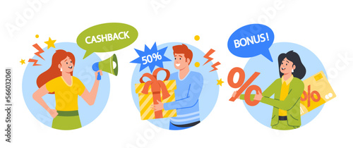 Promoters Offer Discounts and Gifts Isolated Round Icons or Avatars. Woman Speak into Loudspeaker Making Announcement