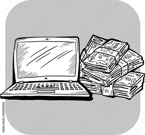 Money cash flying into and out of wallet. Income transfer, currency revenue, inflation and deflation, finance and business theme. Hand drawing illustration. Cartoon style line drawing.