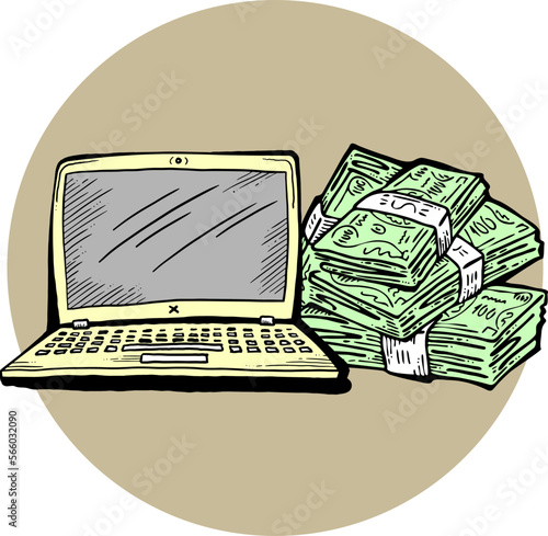 Money cash flying into and out of wallet. Income transfer, currency revenue, inflation and deflation, finance and business theme. Hand drawing illustration. Cartoon style line drawing.