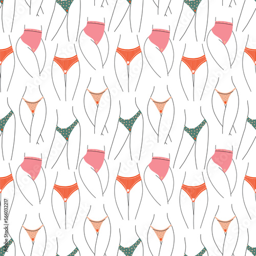 Female hips with panties outline pattern. Women menstrual period. Body Positive. Hand Drawn vector background