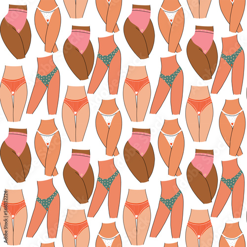 Female hips with panties pattern. Women menstrual period. Body Positive. Hand Drawn vector background