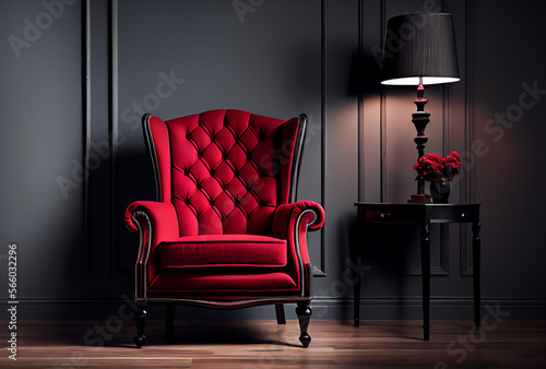 modern living room with red armchair gray lamp & dark walls, generative ai © Kitten Monster