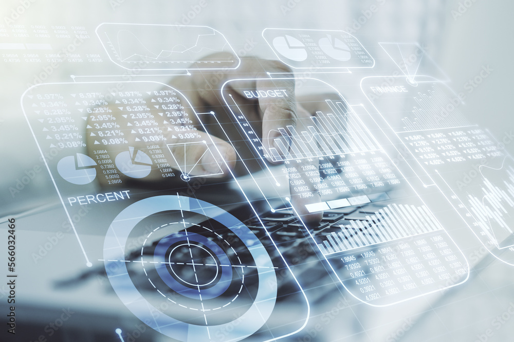Double exposure of abstract creative statistics data hologram with hands typing on laptop on background, statistics and analytics concept Double exposure of abstract creative statistics data hologram with hands typing on laptop on background, statistics and analytics concept
