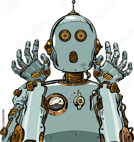 the frightened robot raised its hands in surprise. Emotions of artificial intelligence. retro mechanism