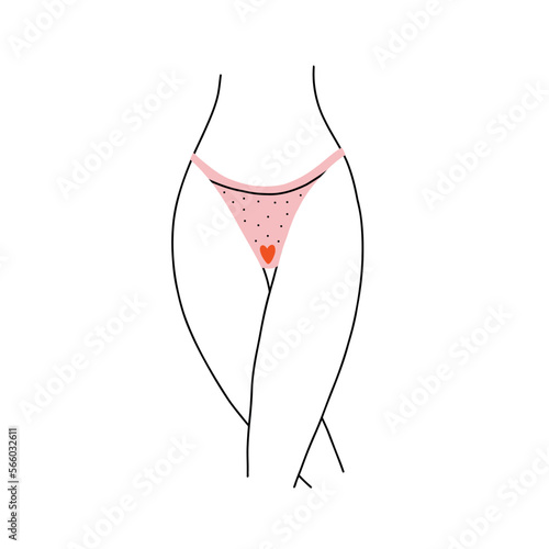 Outline women thighs in pink panties. Women menstrual period. Body Positive. Hand Drawn vector illustration