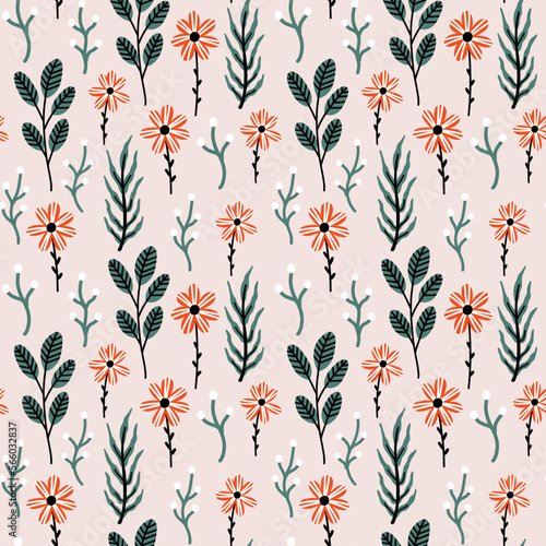 Plant pattern with flowers on a pink background. Hand Drawn Vector Background