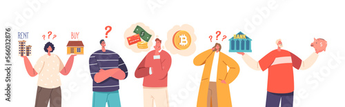 People Characters Consider Issue of Savings Disposal. Difficult Financial decisions. Cartoon Vector Illustration