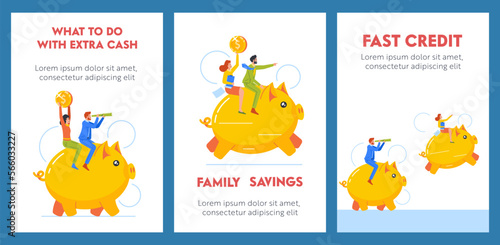 Cartoon Banners with Male and Female Characters Ride Piggy Bank with Coins and Spyglass. Savings Management
