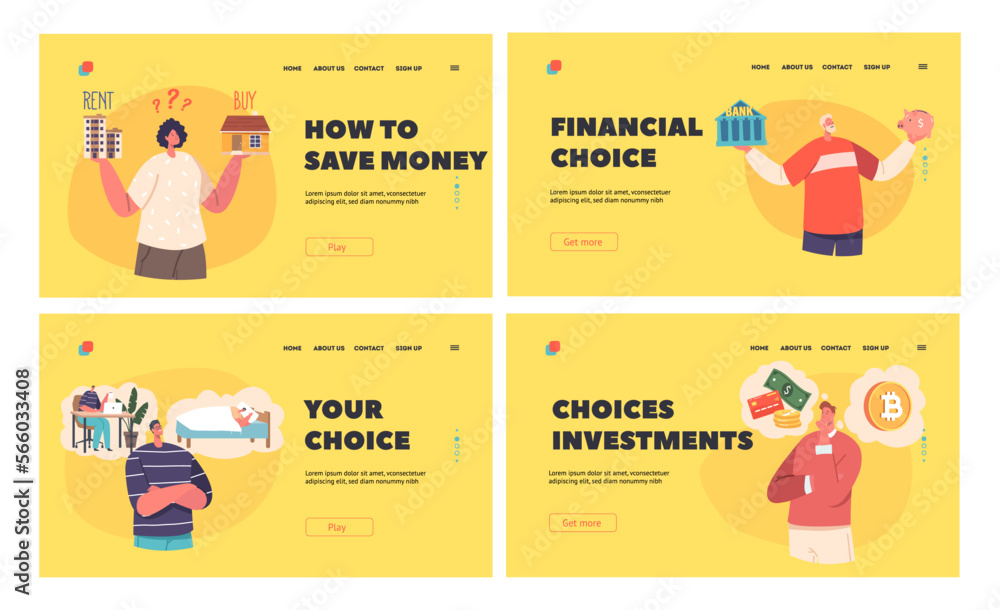 Financial Literacy Landing Page Template Set. Young People Characters Make Difficult Financial Choices. Pros and Cons
