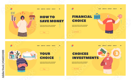 Financial Literacy Landing Page Template Set. Young People Characters Make Difficult Financial Choices. Pros and Cons