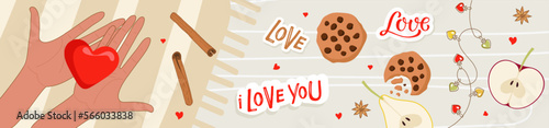 St. Valentine's Day banner. Cozy romantic concept with girl hands, cookies, fruits. Cute Valentine's flat Vector illustration in flat style for Fall mood poster, web design template